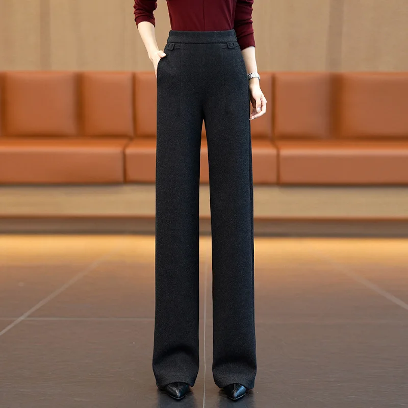 여성을 위한 패션 트렌드 다용도 울 와이드 레그 팬츠, 새로운 가을 및 겨울 스타일, 우아한 출퇴근용 하이웨이스트 슬림핏