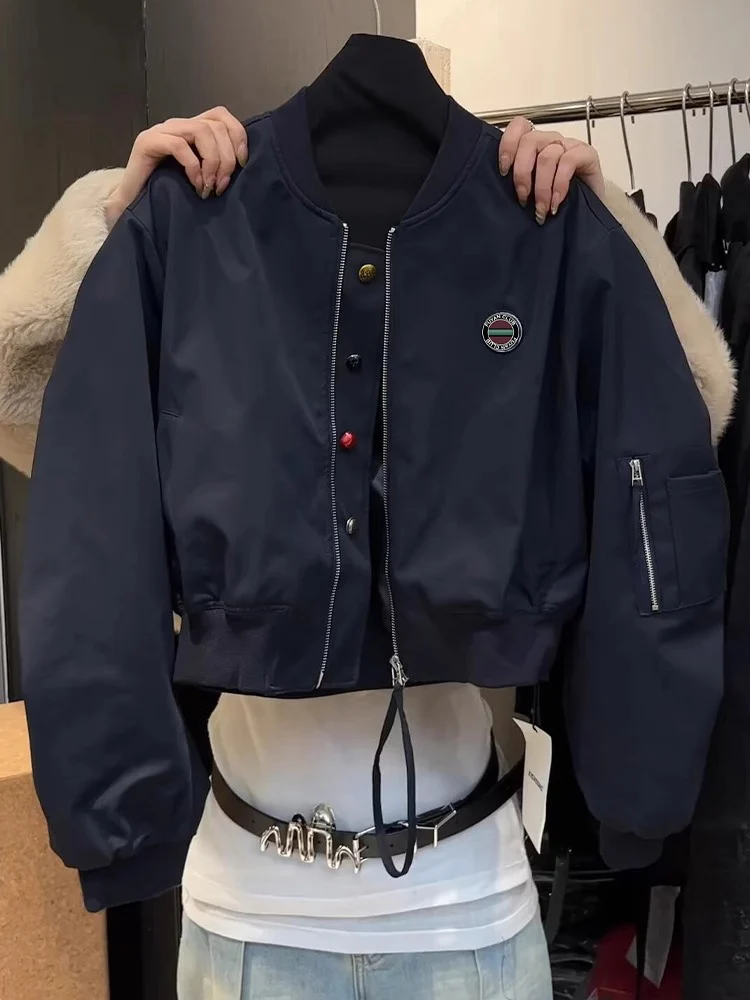 

Винтажная синяя бейсбольная куртка женская, весенне-осенняя, свободного кроя, с цветными блоками, на молнии, укороченная, для пар, в стиле бомбер