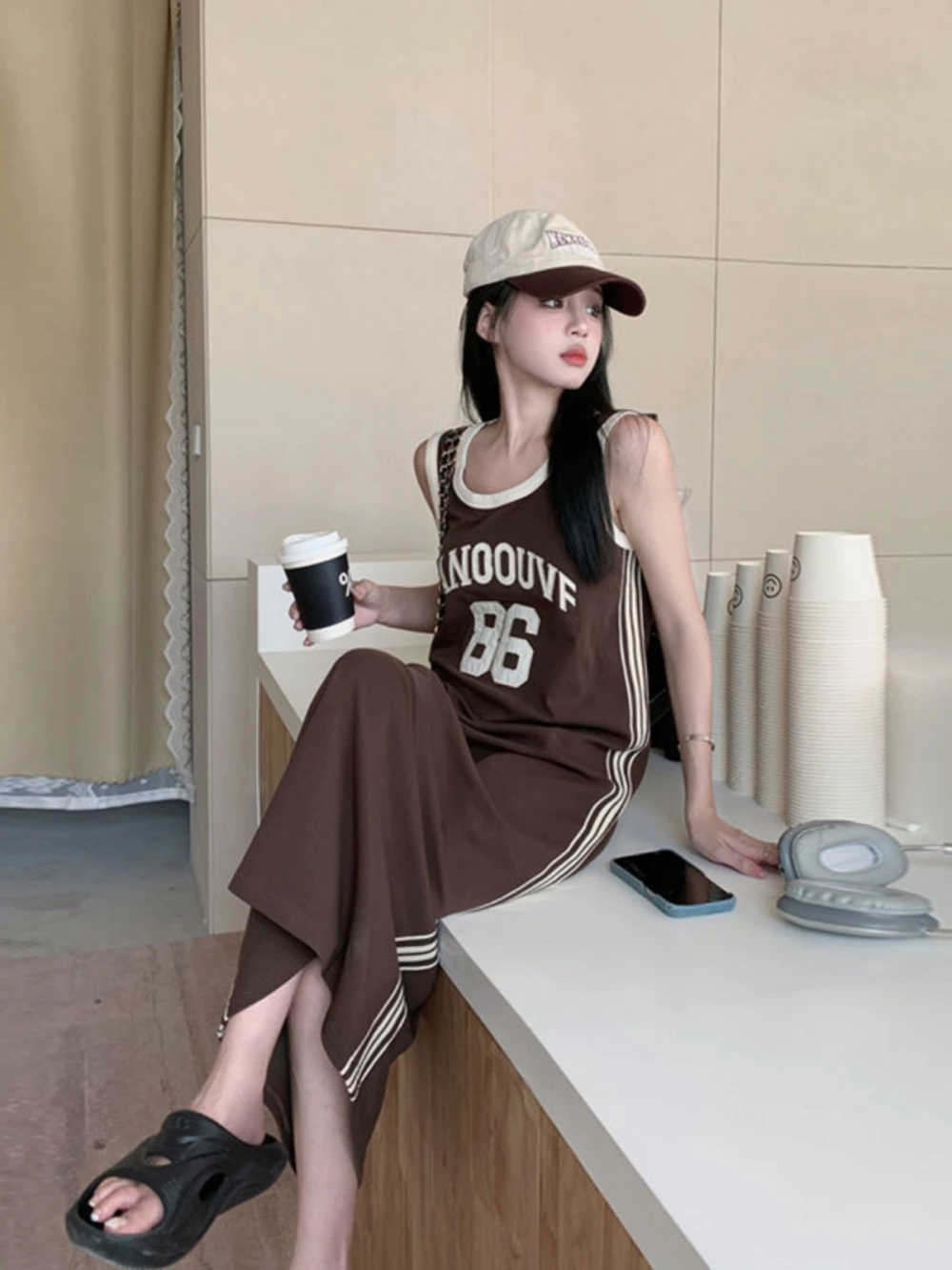 plus Size Casual Korean Style Letter Print Sleeveless Dress Women\'s Summer Loose Meat Concealing Long Dress Straight Cut High...