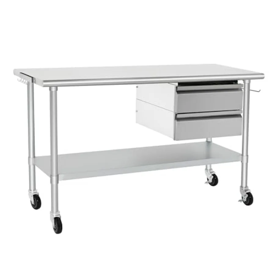 

HARDURA Stainless Steel Table with 2 Drawers and Casters, Metel Prep Table with Hook, Tissue Holder and Undershelf 24x60 Inches