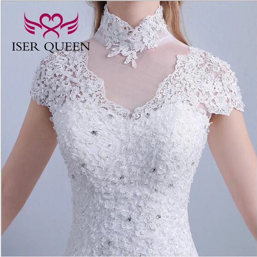 ที่กําหนดเองคอสูงลูกไม้ Appliques ชุดเดรสเมอร์เมดสําหรับผู้หญิงแขนสั้น Hollow กลับ Elegant ชุดเจ้าสาว WD8008