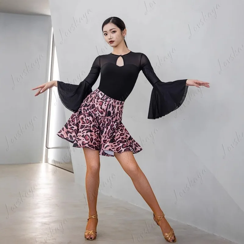 Yoga Onesie Langarm T-Shirt Damen Mesh Stitching Rundhals Horn Sleeve Latin Dance Bodysuit Top