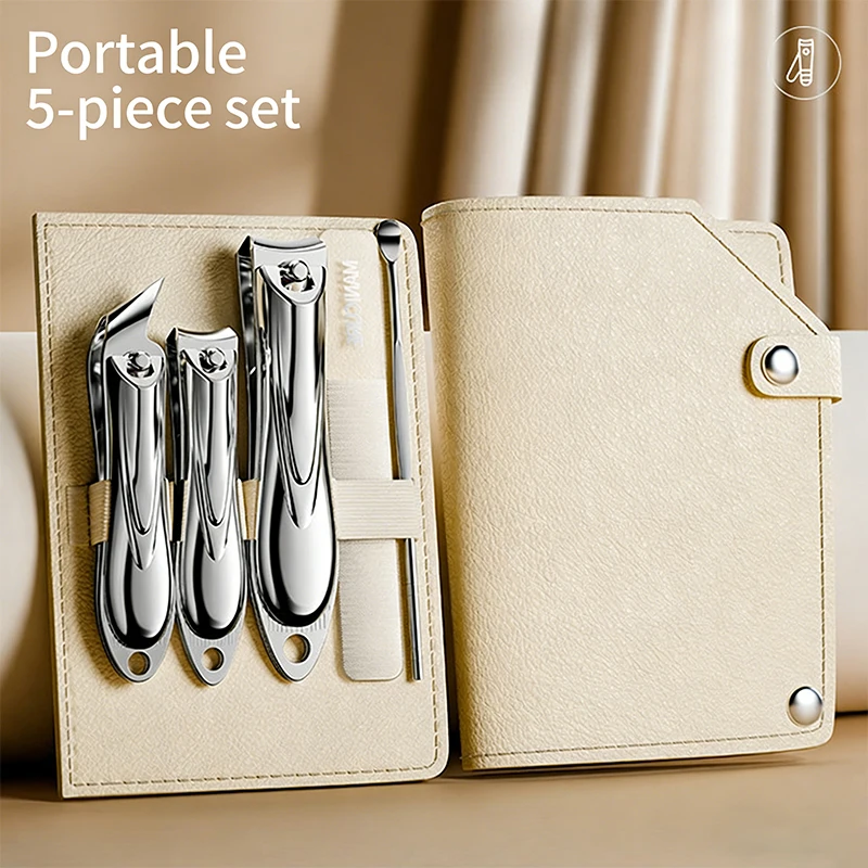 

5PCS Anti-Splash High Carbon Steel Nail Clipper Set with Portable Leather Case for Home Travel