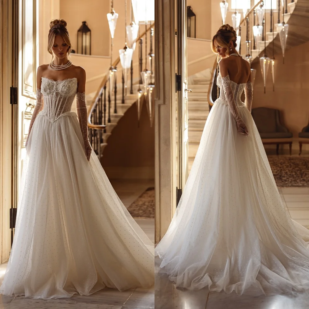 

Customized Elegant Strapless Detachable Sleeve Long Sleeves Wedding Dress Exquisite Chapel Train Lace Backless Bridal Gowns