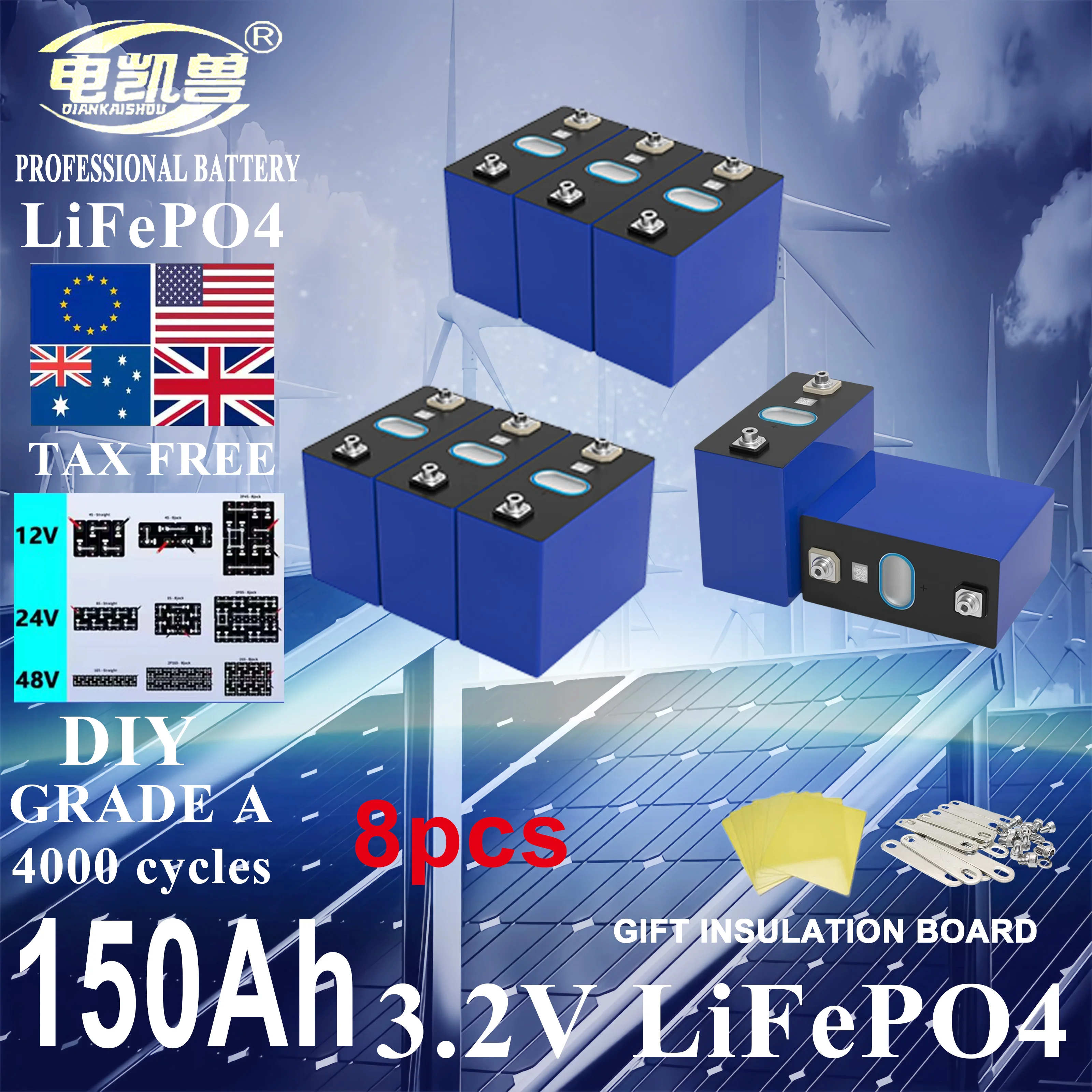 

New 8pcs Grade A 150ah 3.2V Lifepo4 Rechargeable Battery 4000 Cycles DIY 12V 24V 48V RV, yacht, golf cart solar energy battery