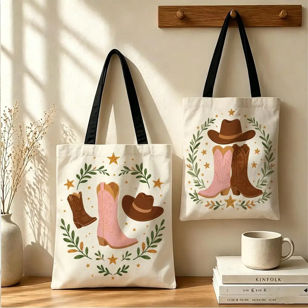Western Cowboy Boots Storage Bags Large Capacity Canvas Tote Bag Reusable Shoulder Handbag for Daily Shopping Travel