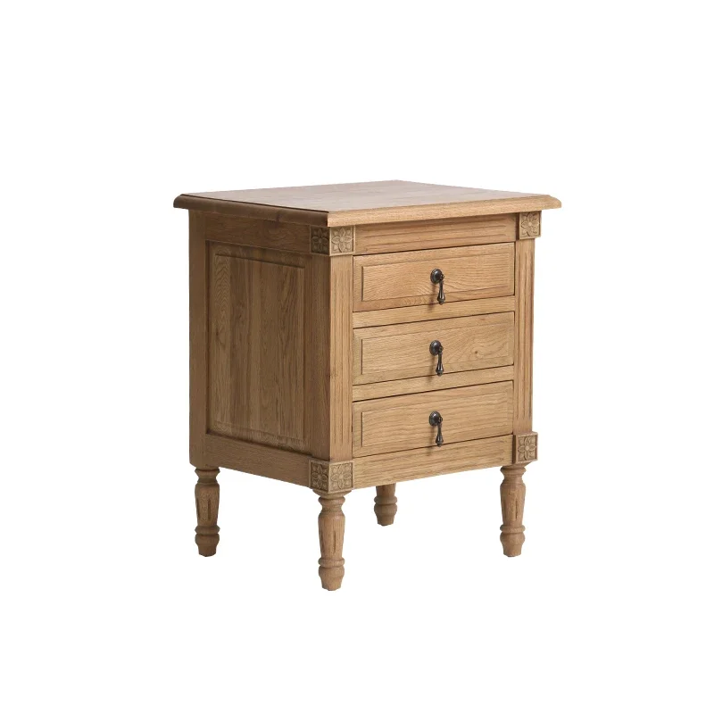 Country solid wood three-draw oak bedside table simple bedroom locker carved bedside bedside table