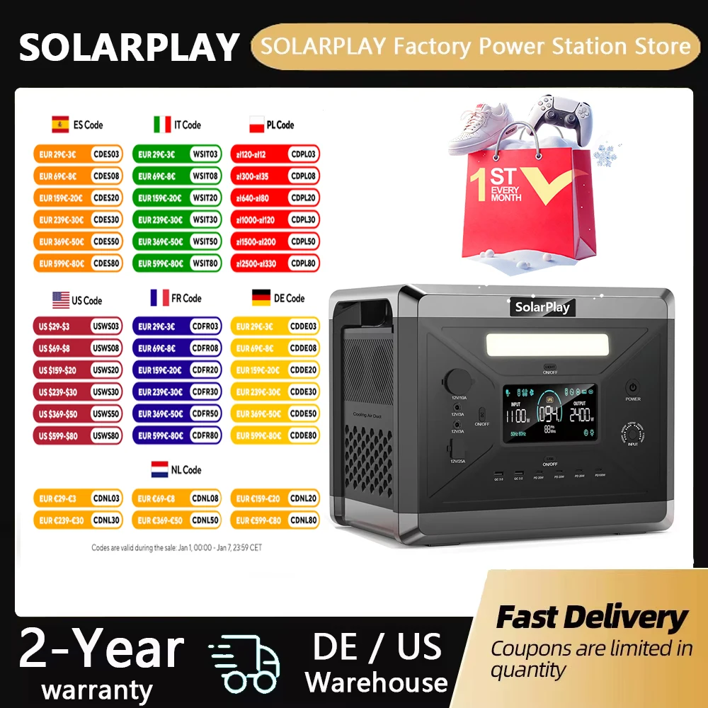 Charging Station  2400W Portable Power Station 220V 110V AC Outlets Portable Power Station United States Germany Warehouse Ship