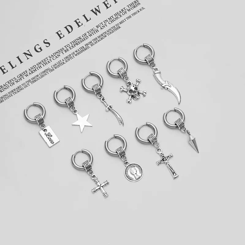 

Hip Hop Sword Skull Sword Dangle Hoop Earrings For Women Men Stainless Steel Cone Chain Punk Jewelry Gift
