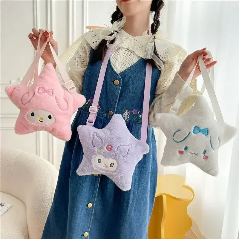 Sanrio estrela de cinco pontas saco de pelúcia cinnamoroll minha melodia kuromi anime dos desenhos animados bordado acessório kawaii saco de armazenamento presente das meninas