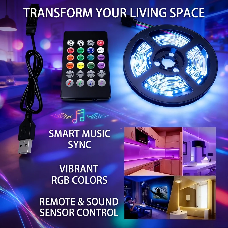 RGB LED Lights for TV Backlight Behind smart Music Sync 20key Remote Control Strip Lights USB Powered for Bedroom Gaming