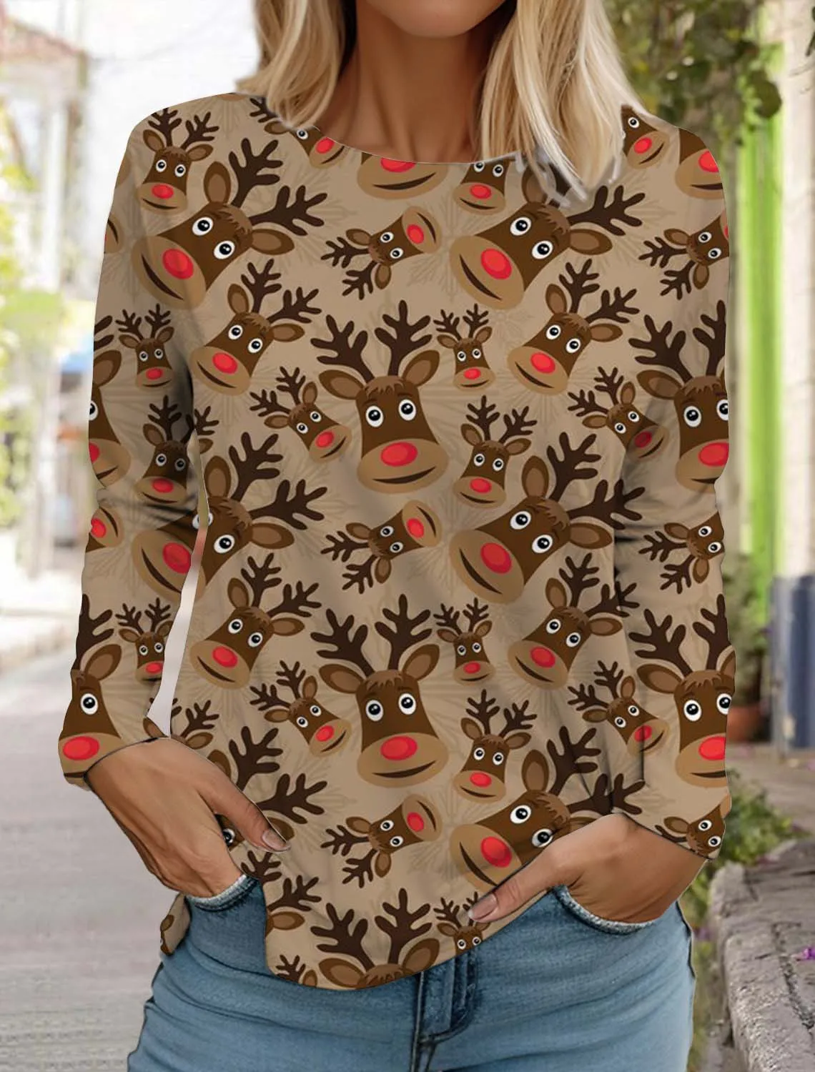 Christmas Moose Women's Long Sleeved T-shirt Casual Holiday Autumn Fashion Holiday gifts Tops Harajuku Clothing Women's Clothing