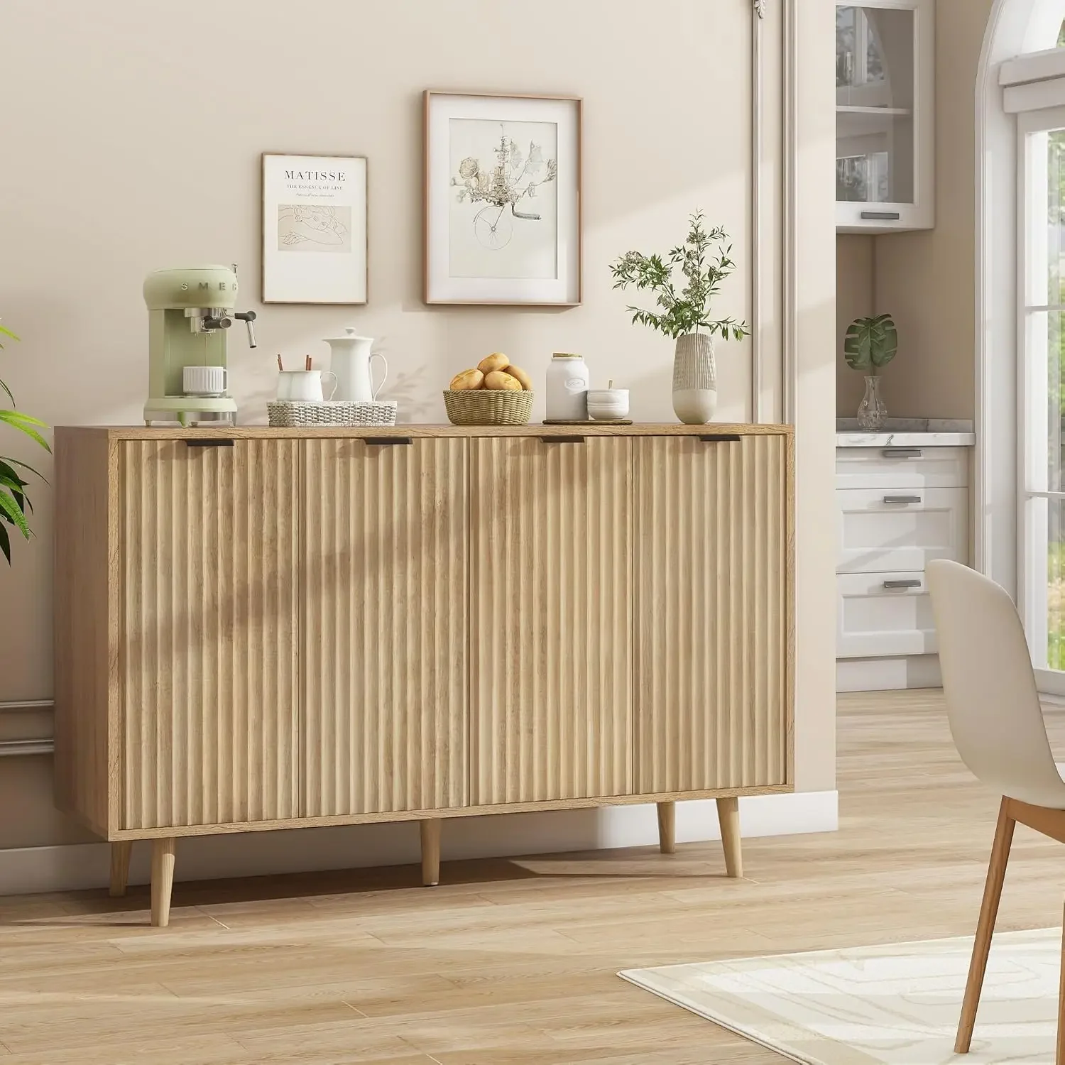 Fluted Sideboard Buffet Cabinet with Storage and 4 Decorated Doors for Kitchen, Dining Room, Hallway, Beige