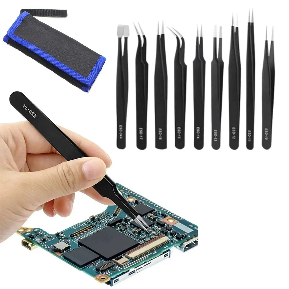 9/10pcs Curved/Straight Design Precision Tweezers Set Durable Hand Tools Anti-Static Tweezers Black Anti-static