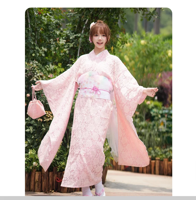 Abito da palcoscenico dolce da donna in kimono di pizzo rosa migliorato giapponese a maniche larghe