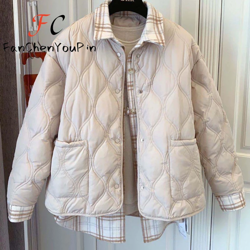 New Autumn Winter Women's Coat Fashion Loose Checkered Shirt Splicing Long Sleeved Cotton Jacket Casual Temperament Thin Parkas image 4