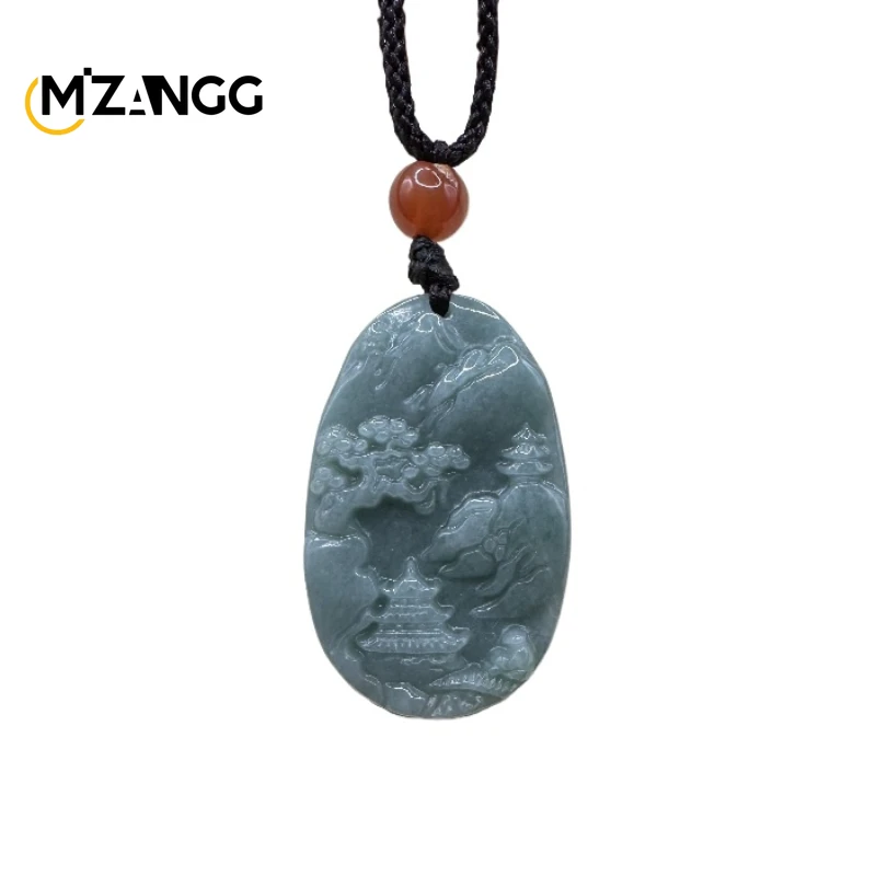 Natural Jadeite Landscape Artistic Conception Crafts Pendant Exquisite Carving Fashion Charm Men's and Women's Jewelry Necklace