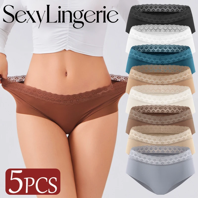 5 Stück Spurlose Damenslips, Sexy Spitzenbesatz, Blumenmuster Unterhosen, Nahtlose Einfarbige Atmungsaktive Slips, Damen Sommer-Dessous