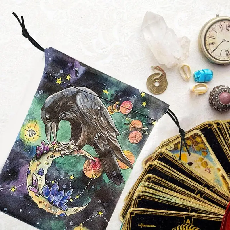 Drawstring Storage Pouch 5X7Inches Tarot Deck Drawstring Storage Bags Small Multifunctional Soft Jewellery Bags Crow Animal