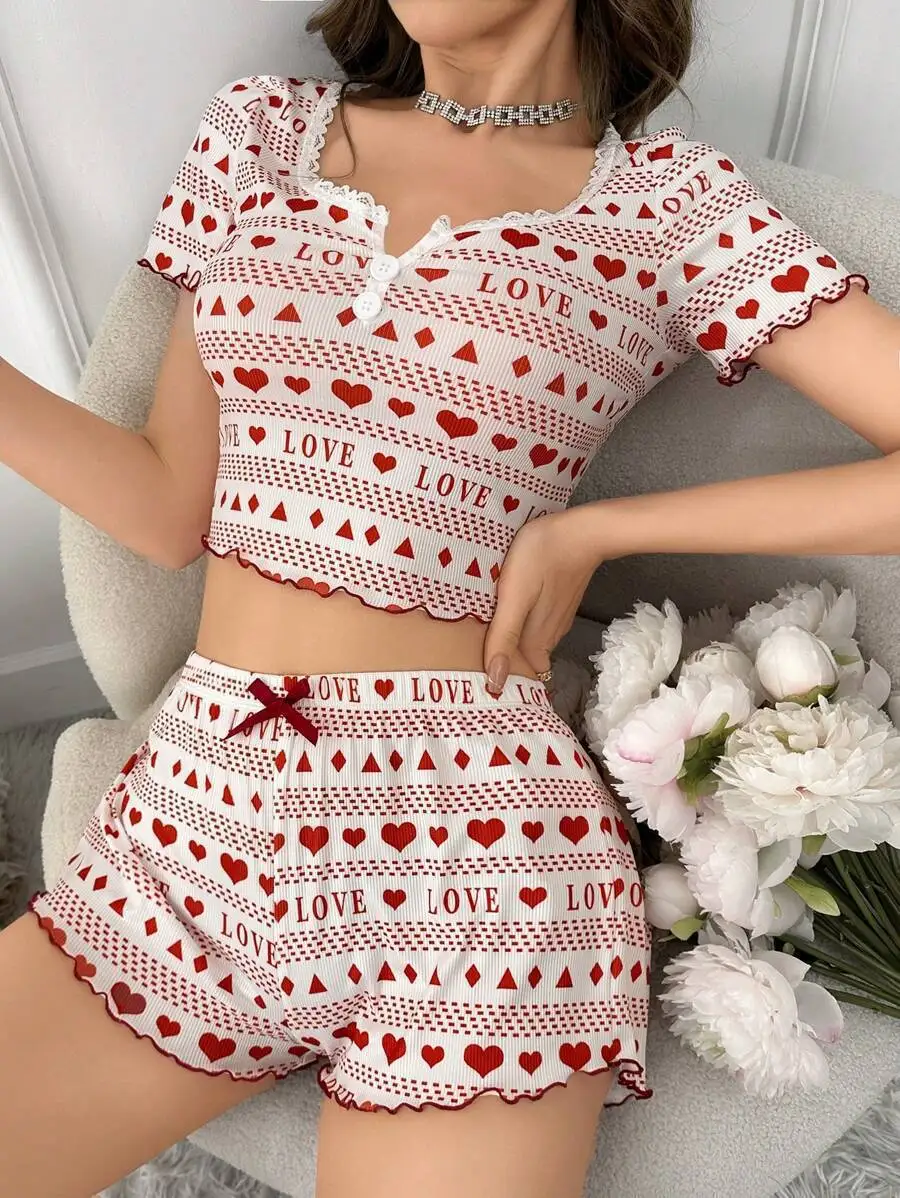 Damen-Pyjama-Set mit süßem Liebesherz-Aufdruck, kurzärmeliges Crop-Top, Shorts, zweiteilig, Spitzenbesatz, Salatkanten, Y2K-Loungewear, Nachtwäsche