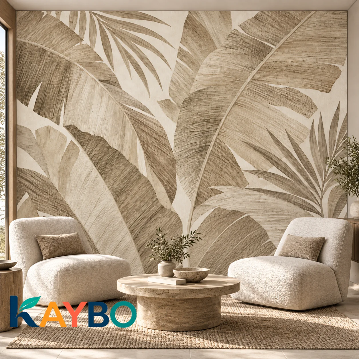 Beige Tropical Leaf Wall Mural Banana Palm Botanical Wallpaper Non Self Adhesive Living Rooms Bedroom Natural Neutral Wall Decor