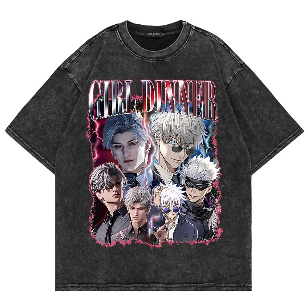 

Футболка мужская 100% хлопок, винтажная, с эффектом кислотной стирки, с принтом Love and Deepspace Girl Dinner Sylus and Gojo, модная, по мотивам аниме-игры