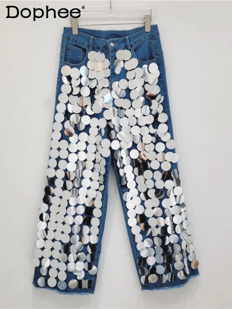 

Personality Handmade Sequin Heavy Industry Decoration Straight Pants Autumn Hipster High Waist Baggy Jeans Woman Hight Street