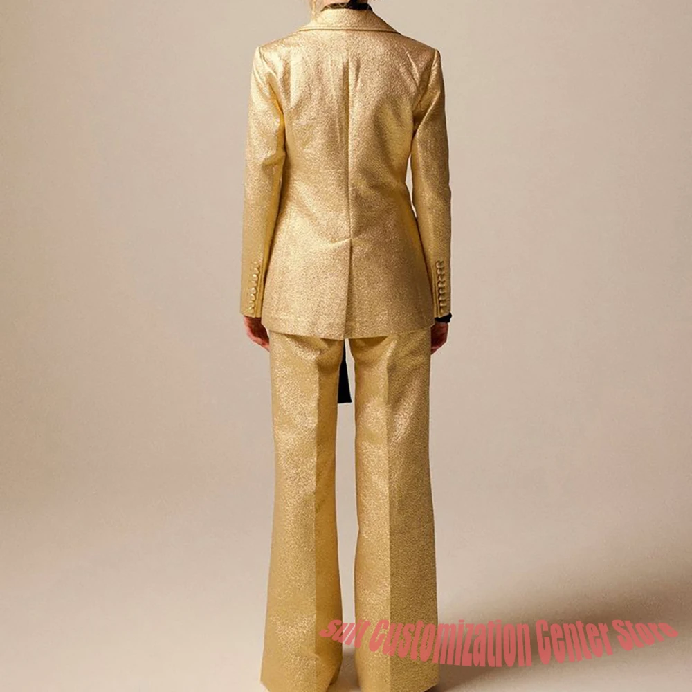 Shiny Gold Women's Suit Double Breasted Notch Lapel Blazer 2Piece Set Lady Luxury Evening Party Prom Fashion Outerwears