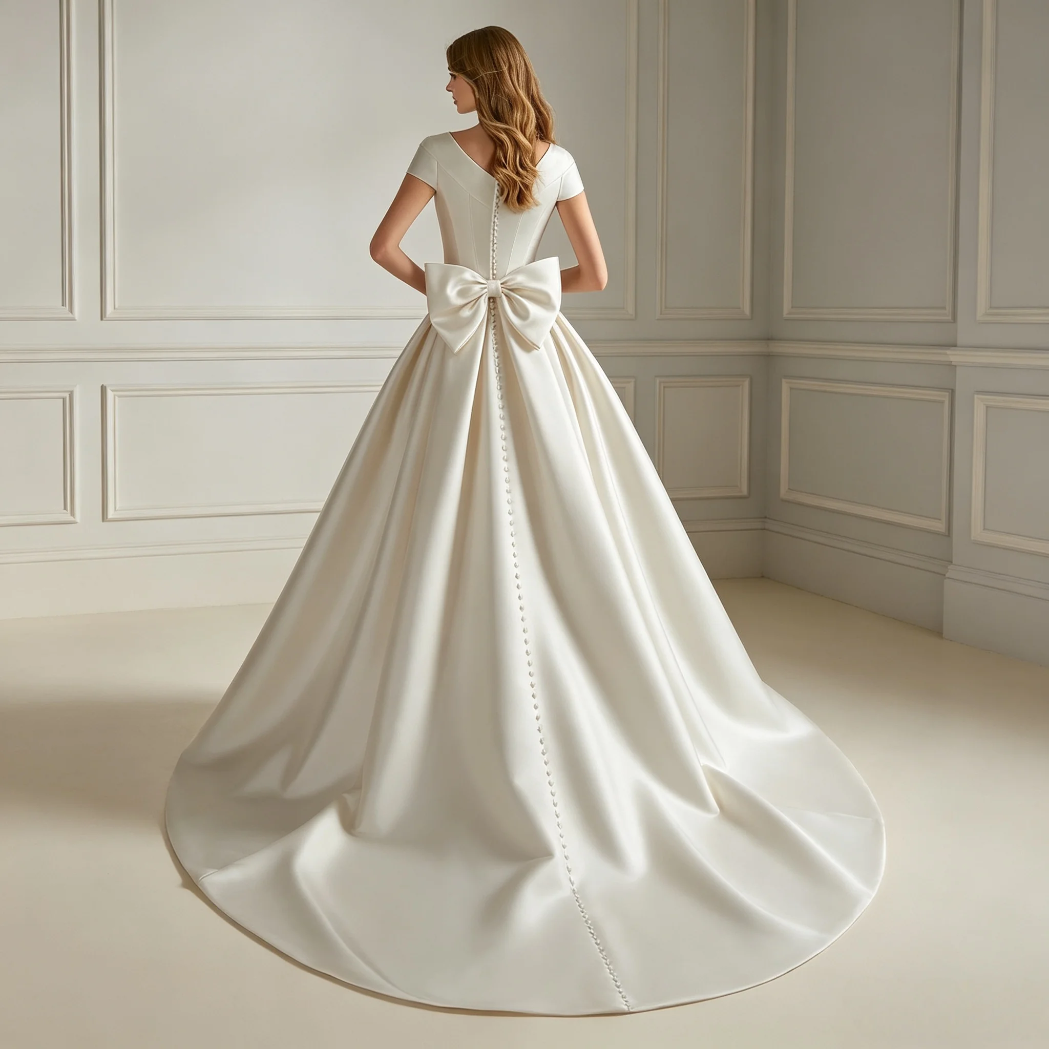 Cap Sleeve V Neck Satin A Line Wedding Dress Big Bow Pearl Button Chapel Train Bridal Gown Civil Ceremony Cheap Customizable