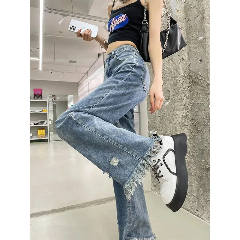 

High-waisted Ripped Denim Pants Wide-leg Jeans Women's Loose Straight-legged High Street Harajuku Pants 2024 New Female Jeans