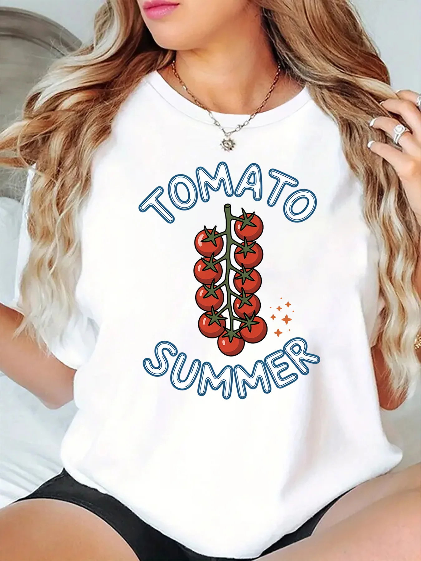 Tomato Summer Fresh Cherry Tomato Branch Star Graphic Womens T Shirt Short Sleeve Crew Neck Fruit Casual Ladies Tee Tops