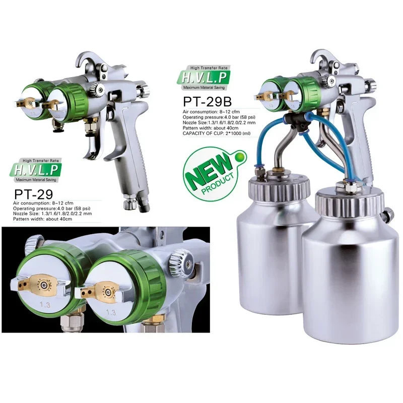 

New Electric Double Head Pneumatic Spray Gun Pneumatic Spray Gun With Pot 8-12cfm 1000ml 4.0MPa CH