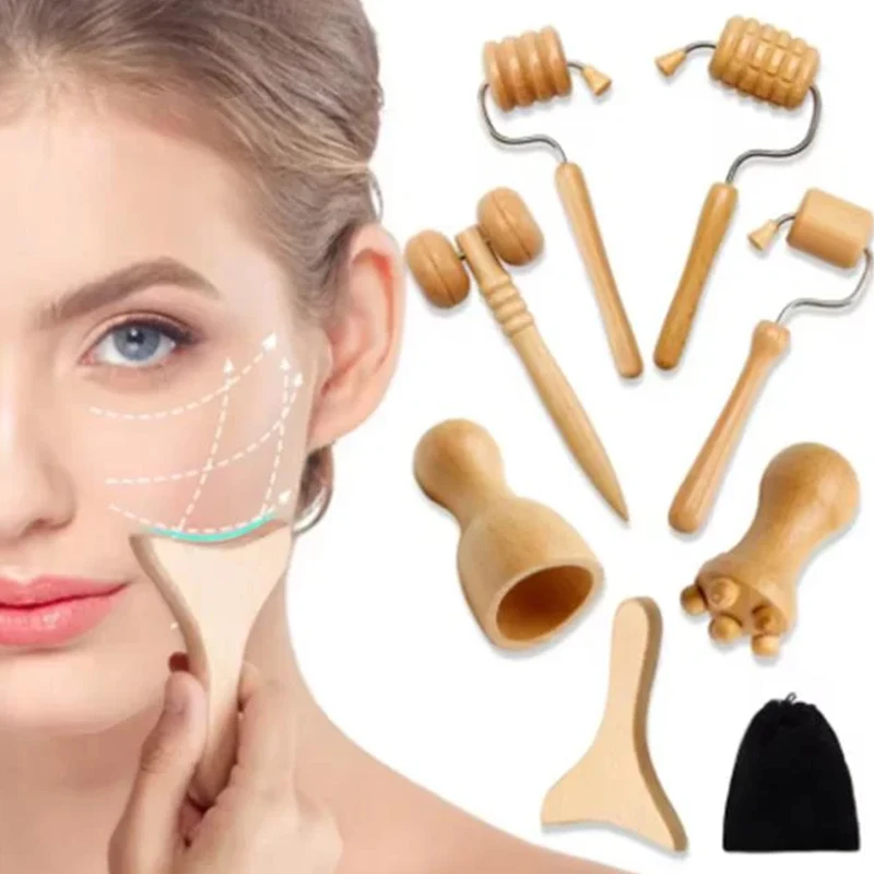 

Массажный деревянный роликовый массажер для лица Гуа Ша, инструмент для ухода за кожей, лифтинг лица, скребки против морщин, инструменты для лица, шеи, спины, тела