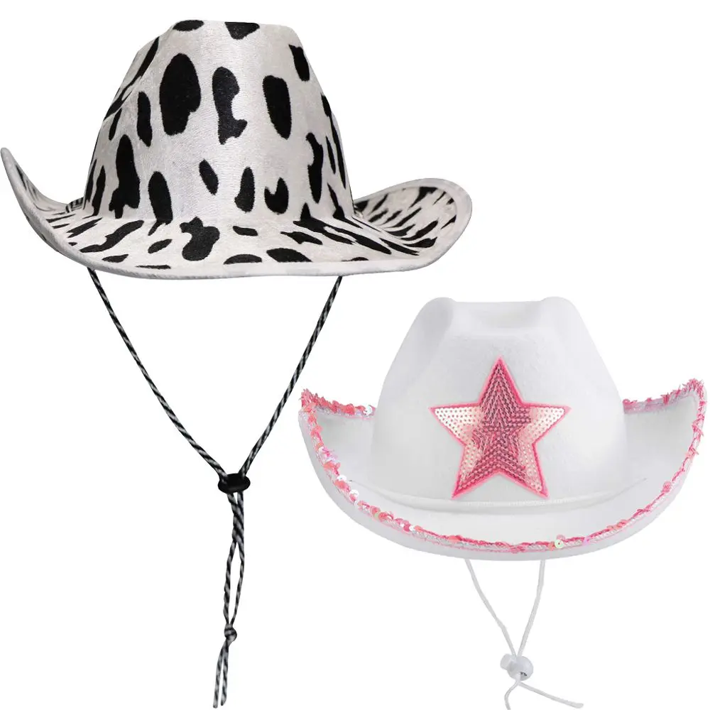 Pink Star White Cowgirl Hat Sequin Trim Fringe Cow Girl Hat Adjustable Cowboy Hat Neck Draw String Costume Party Play Dress-Up