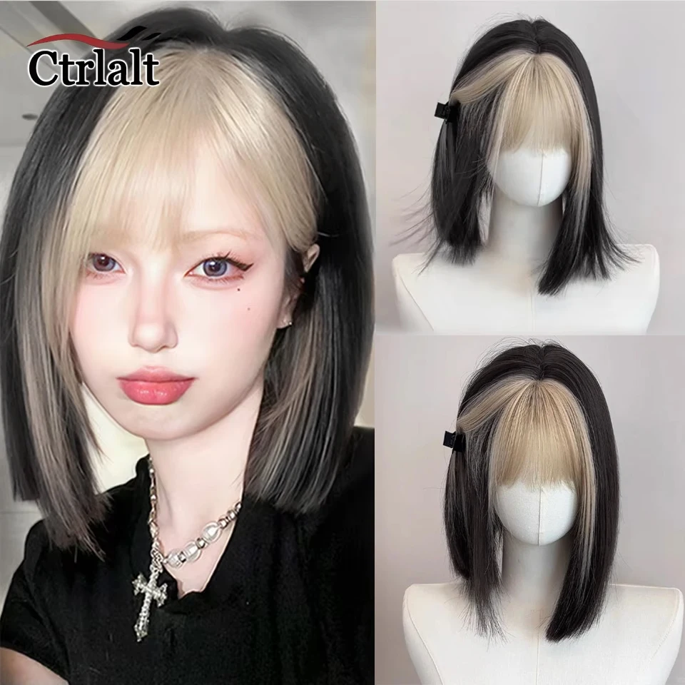 

Short Bob Straight Lolita Black Wig Blonde with Bangs Synthetic Brown Pink Hair For Cosplay Daily Party Halloween Wig for Women