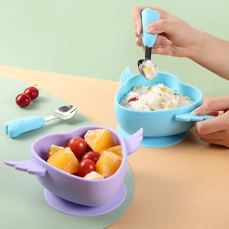 

Silicone Baby Feeding Bowl Set Sucker Baby Food Feeding Tableware Plate Suction Baby Eating Bowl Spoon Fork Kids Assist Training