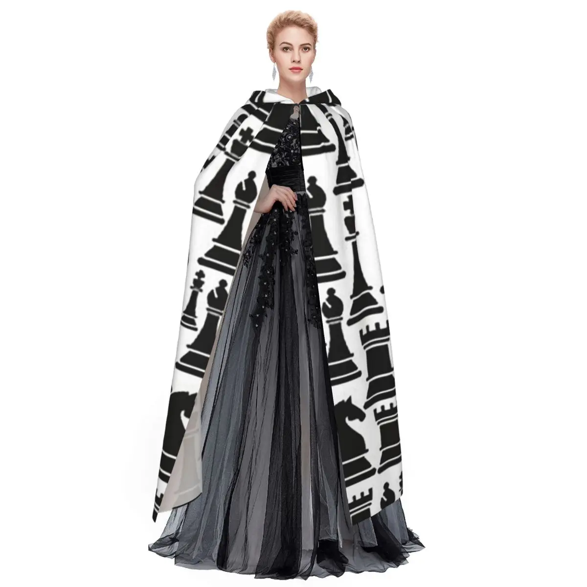 Padrão de xadrez em preto e branco longo com capuz capa bruxa traje medieval cosplay capa halloweencoat adulto unisex