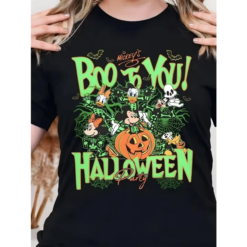 

MINISO Halloween Mickey Mouse Printed T-shirt Disney Women Plus Size Holiday Gift Loose Casual Versatile High-end Short-sleeved