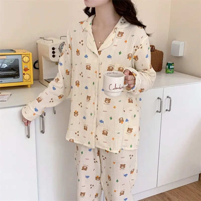 Bear Gauze Pajamas Spring and Autumn Long-sleeved Trousers Sleepwear Cartoon Printing Japanese Homewear Suit Women\'s Pajamas