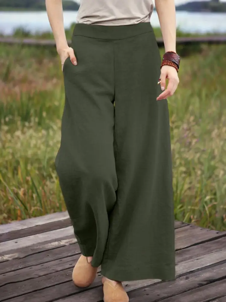 

Women Autumn Trousers Vintage Solid Wide Leg Pants ZANZEA 2023 Casual Elastic Waist Long Pantalon Palazzo Female Work Turnip