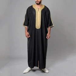 Robe kaftan respirável para homens muçulmanos, manga curta, bordado solto, abaya islâmica casual, novo, verão, 2024