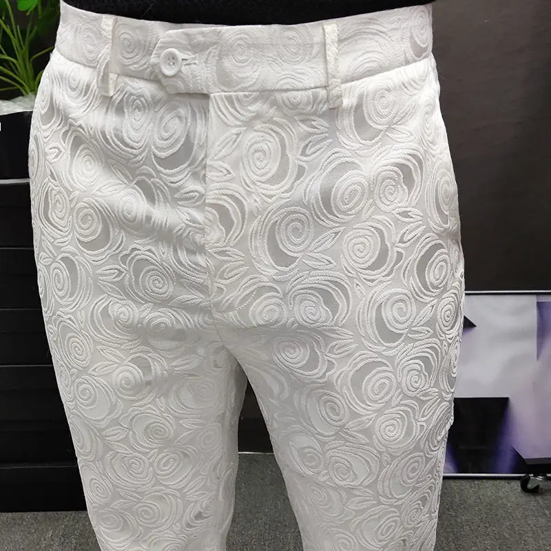 Calça masculina casual de escritório com estampa branca, calça masculina com comprimento do tornozelo, vestido de luxo, 2023