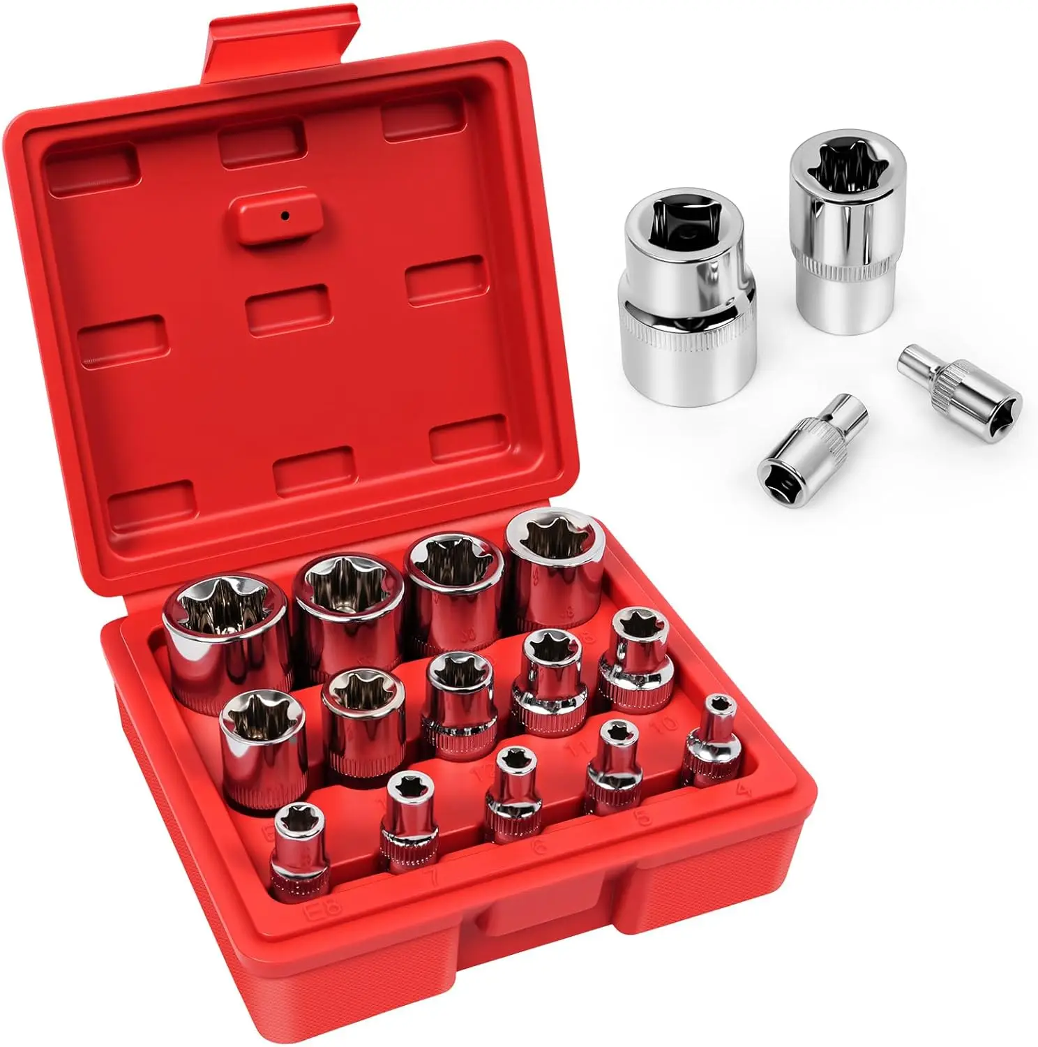 

14-Piece E-Torx Socket Set, 1/4' 3/8' 1/2' Drive, E4-E24, with Storage Case for Automotive Repair
