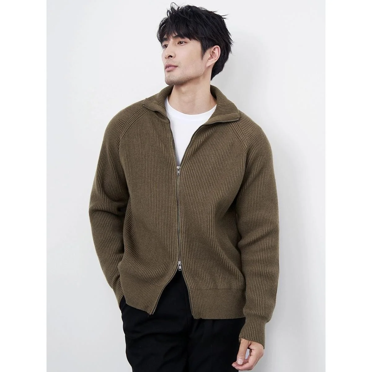 

KARINO Men's Casual Knitted Cardigan Sweater Double Zipper Collar Autumn Winter Versatile Leisure Outerwear Polyester Fiber