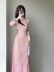 Modified Version Cheongsam New Girl Retro Temperament Dress Pink long-sleeved Tea Dress Autumn Embroidery Qipao Dress Cheongsam
