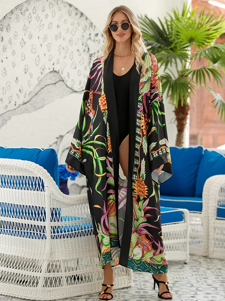 Styl boho Kimono okrycie plażowe z długim rękawem, z nadrukiem w stylu Tribal kardigan Kimono, osłona przeciwsłoneczna z otwartym przodem kostium