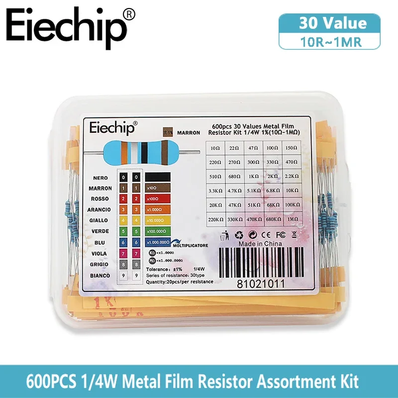 1/4W Metal Film Resistor kit set 30 Values resistors pack , 10 ohm ~1M Resistance 1% Set of resistors diy electronic components