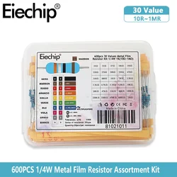 0.25W Metal Film Resistor kit set 30 Values resistors pack , 10 ohm ~1M Resistance 1% Set of resistors diy electronic components