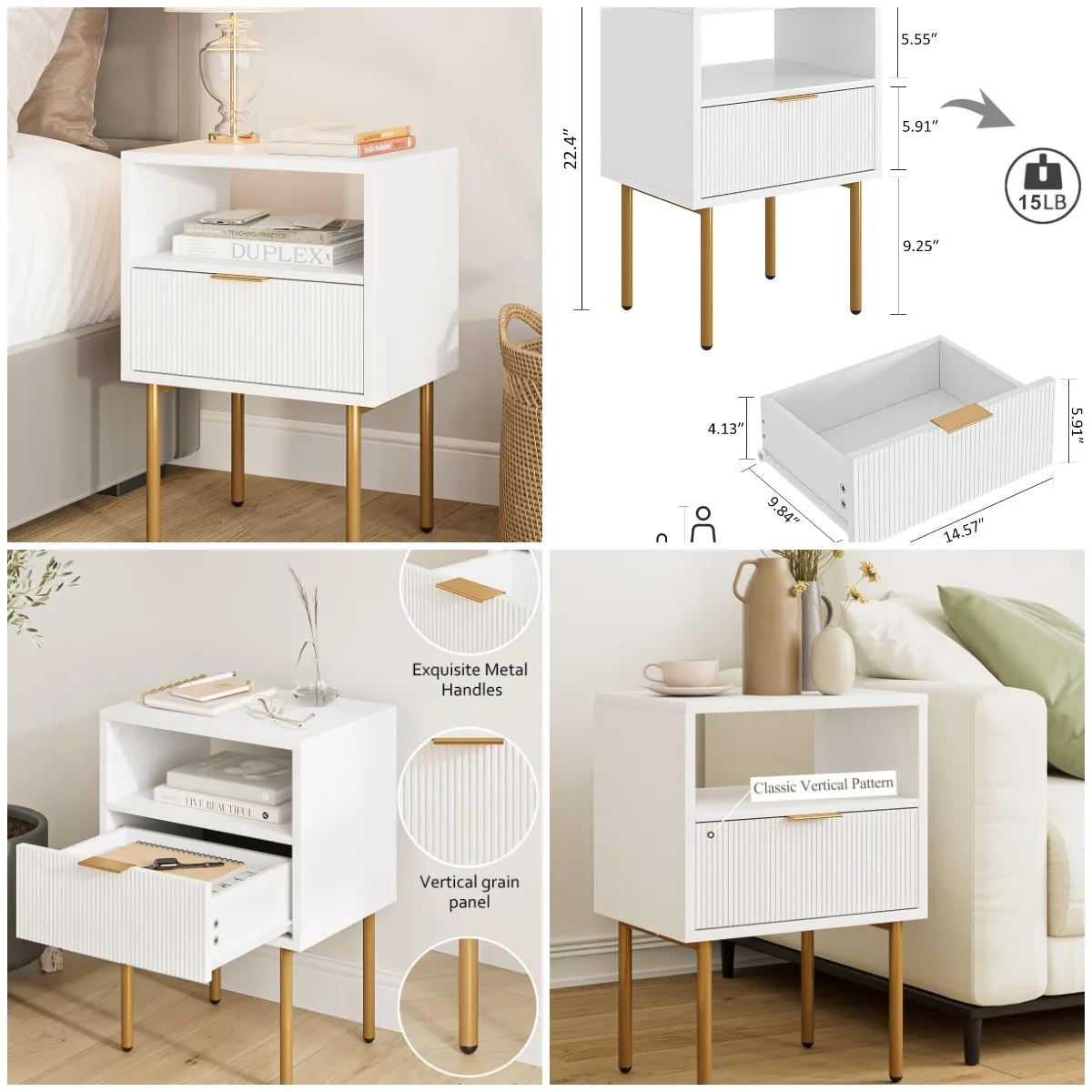 

Mid-Century Modern Nightstand with Drawer & Shelf, Small White Bedside Table with Gold Frame for Bedroom or Living Room