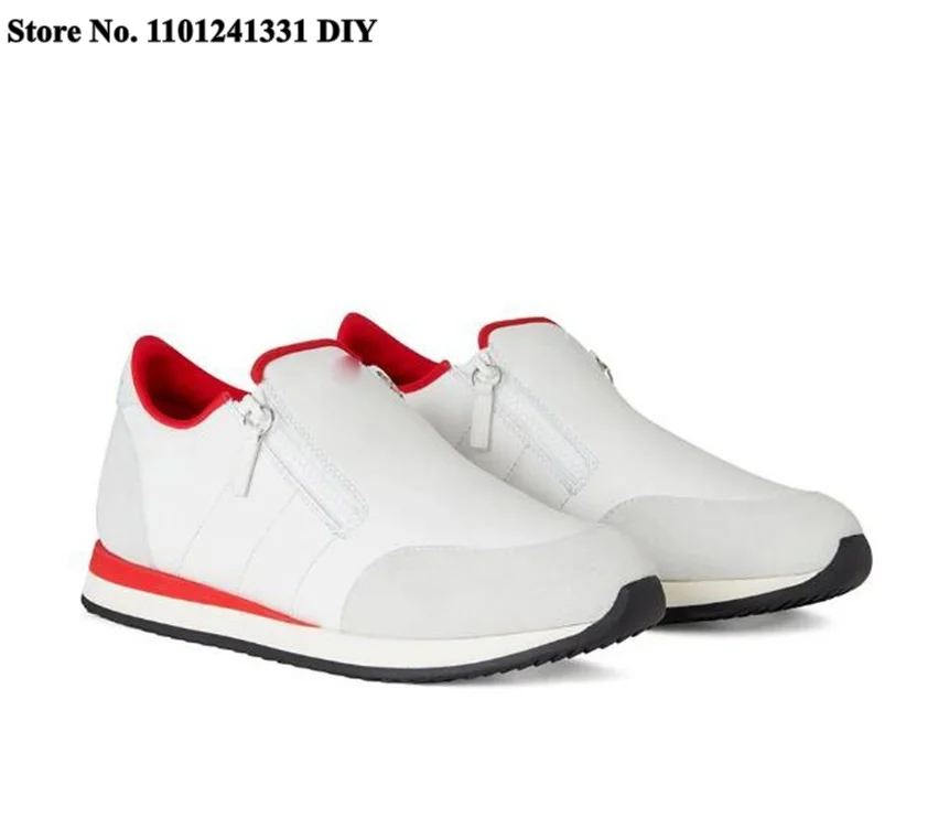 

White Red Leather Contrasting Lining Sneakers Men Side Zipper Round Toe Board Casual Zapatillas Chaussure Man's Shoes Flats